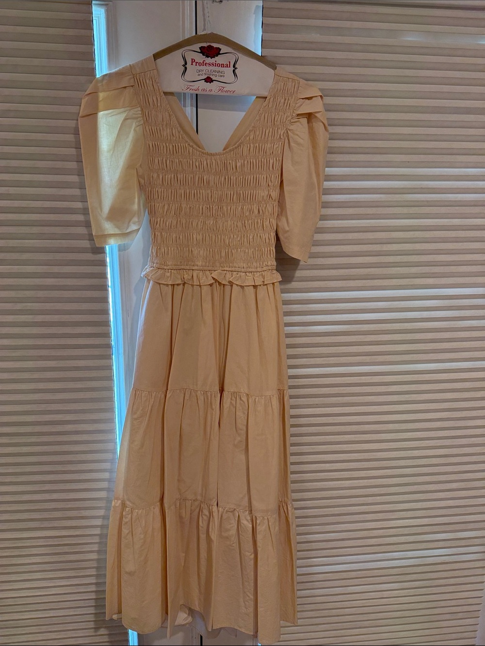 Smocked Puff-Sleeve Midi Dress in Cream
